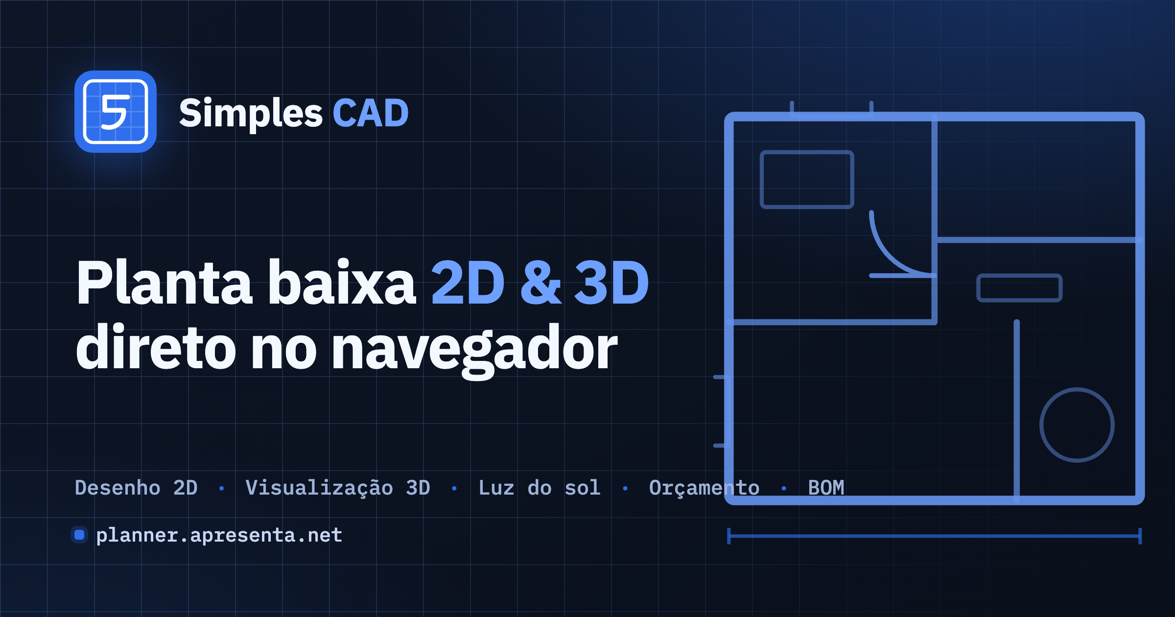 Interface do Simples CAD mostrando planta baixa 2D, vista 3D e painel de orçamento